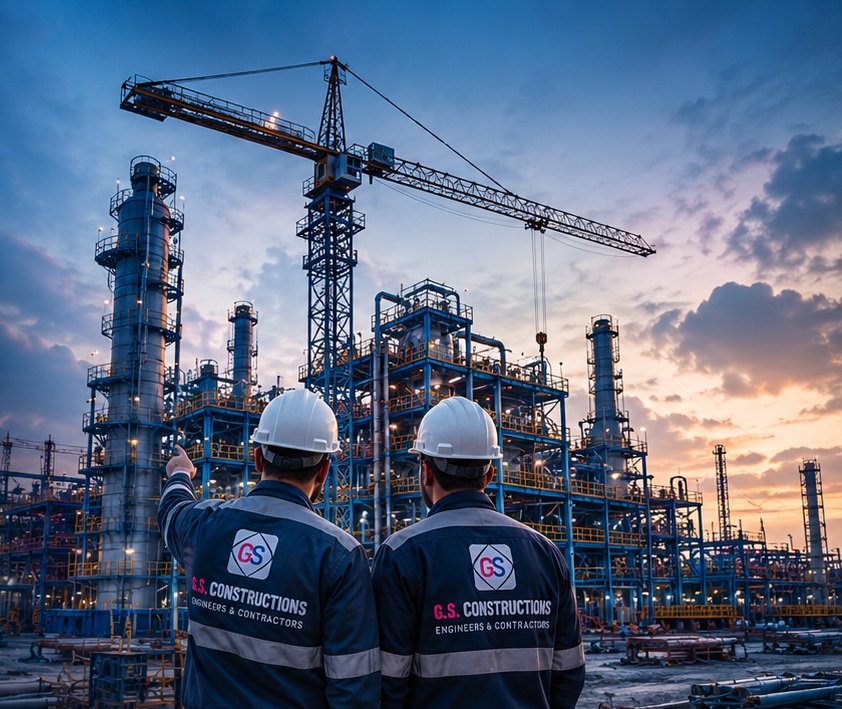 G.S. Constructions engineers overseeing an industrial plant at dusk
